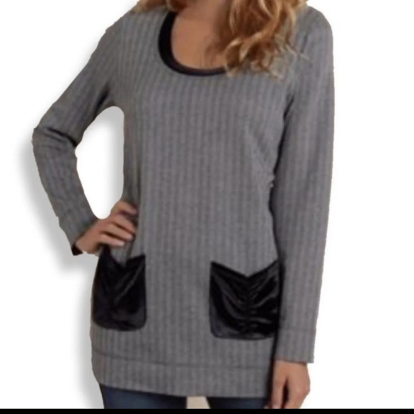 Soft surroundings sz.M herringbone Velvet Trim Pockets Long Tunic Top Peru Boho - Picture 1 of 9